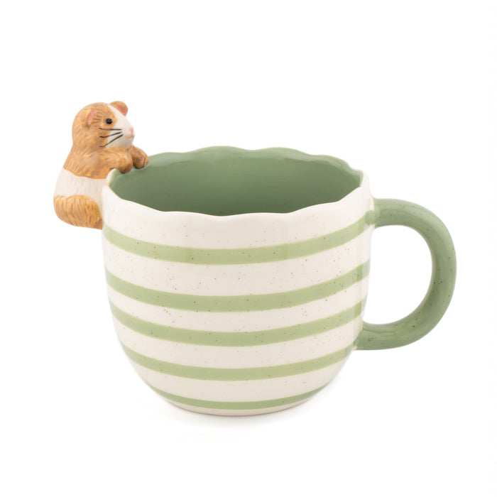 Sass & Belle Peeking Guinea Pig Mug in green stripes with guinea pig figure peeking over the rim