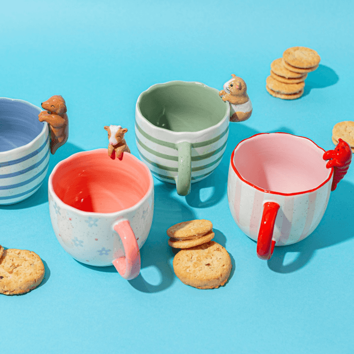 Sass and Belle peeking animal mugs collection including the red lobster mug with striped stoneware design