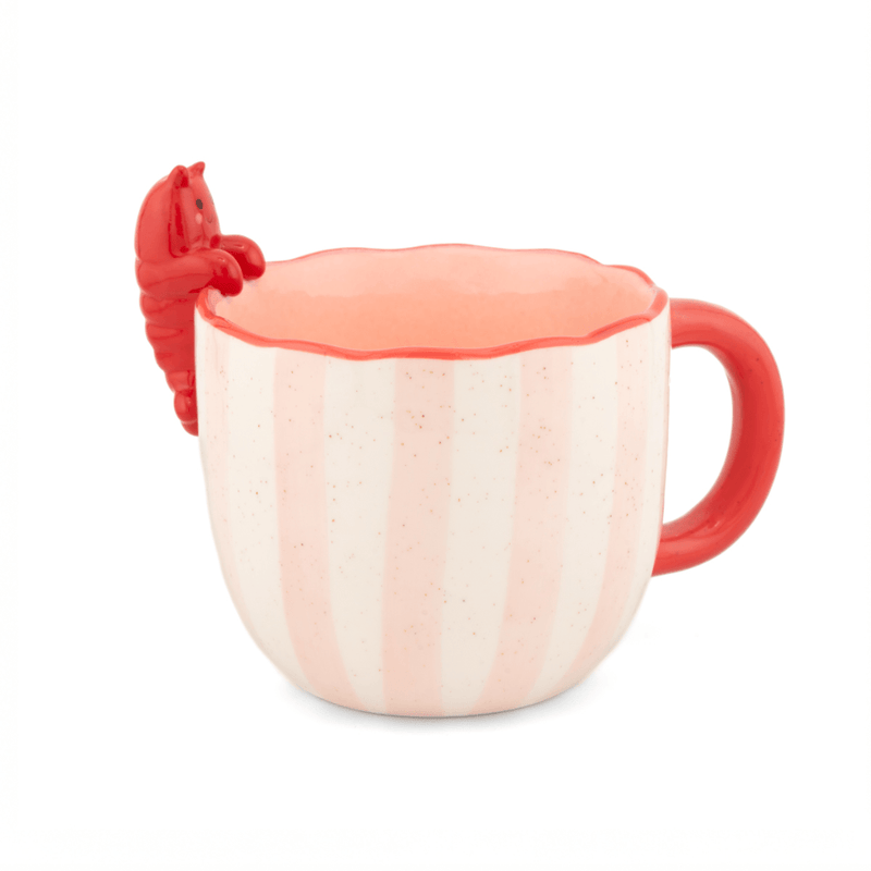 Sass and Belle Peeking Lobster mug with pink striped stoneware design, red handle and lobster detail on the rim