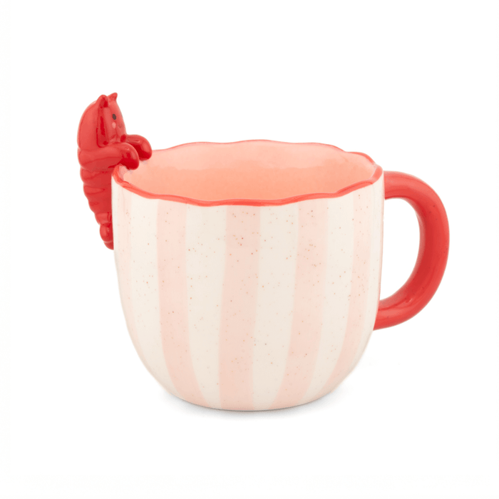 Sass and Belle Peeking Lobster mug with pink striped stoneware design, red handle and lobster detail on the rim