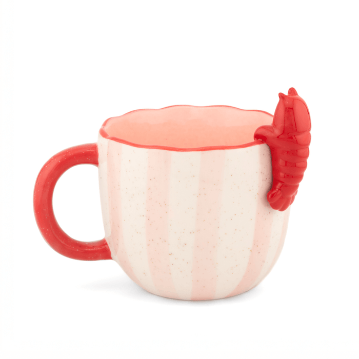 Side view of the Sass and Belle Peeking Lobster mug showing the red lobster character on the rim and red handle