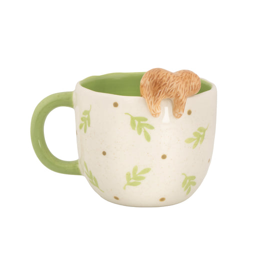 Back view of Sass & Belle Peeking Sloth Mug with green leaf pattern