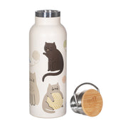 Sass & Belle cats metal water bottle next to bamboo screw lid showcasing leakproof stainless-steel neck

