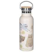 Sass & Belle cream stainless-steel metal water bottle with playful cat illustrations and bamboo carry lid handle
