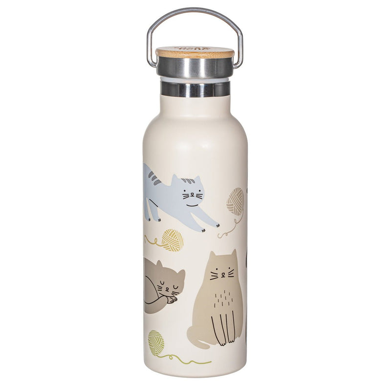 Sass & Belle cream stainless-steel metal water bottle with playful cat illustrations and bamboo carry lid handle
