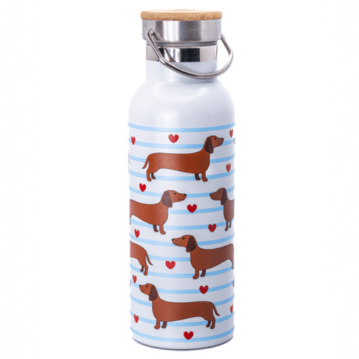 Sass & Belle white stainless-steel metal water bottle with dachshund and heart pattern, bamboo lid handle
