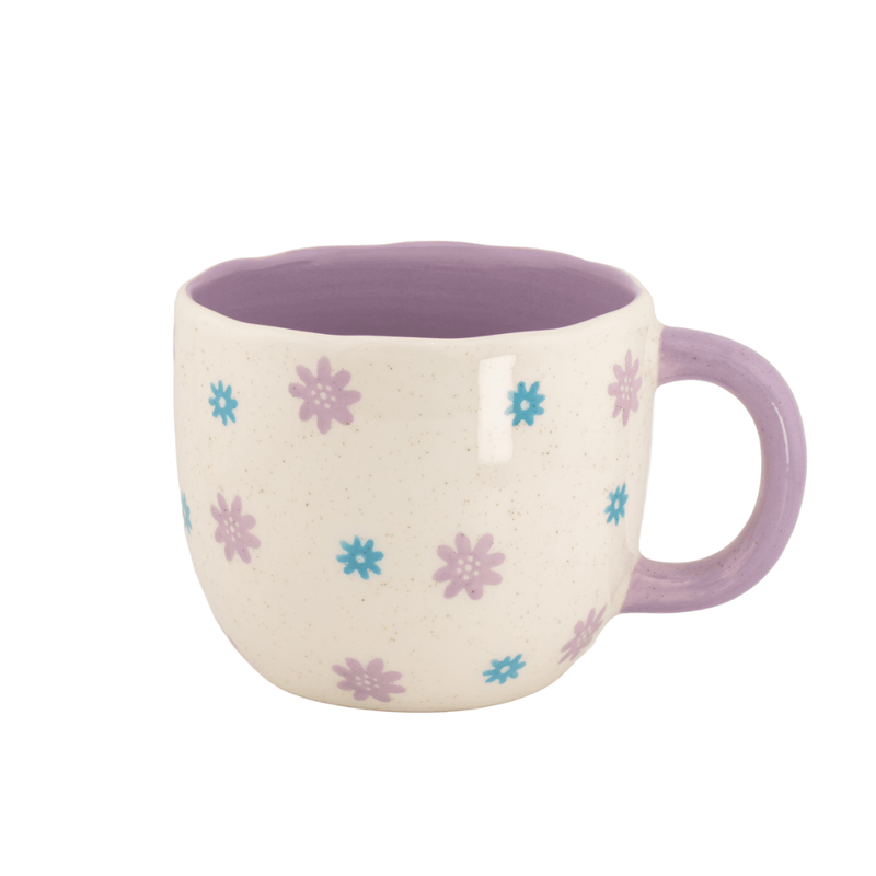 Front view of the Sass and Belle Surprise Butterfly mug with purple handle, purple interior and blue and lilac floral pattern
