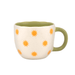 Front view of the Sass and Belle Surprise Giraffe mug with orange sun pattern, green handle and scalloped rim