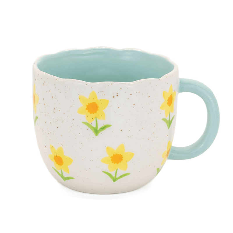 Front view of the Sass and Belle Surprise Sheep mug with yellow flower design, blue handle and scalloped rim