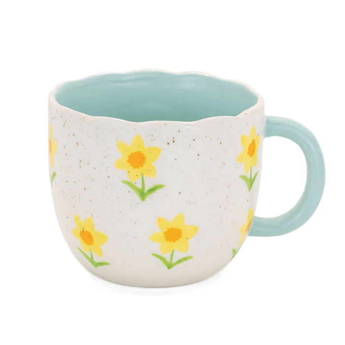 Front view of the Sass and Belle Surprise Sheep mug with yellow flower design, blue handle and scalloped rim