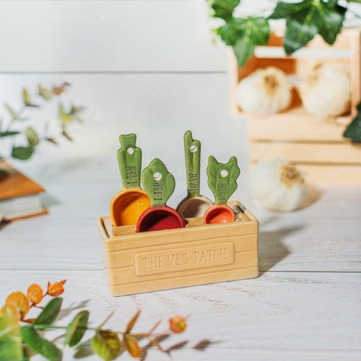Ceramic veg patch measuring spoons by Sass & Belle displayed as kitchen decor