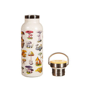 Sass & Belle vintage mushroom metal water bottle next to detached bamboo screw lid showcasing leakproof seal

