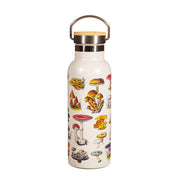 Sass & Belle cream stainless-steel metal water bottle with colourful vintage mushroom illustrations and bamboo lid handle
