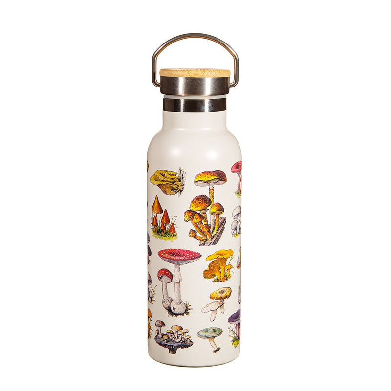 Sass & Belle cream stainless-steel metal water bottle with colourful vintage mushroom illustrations and bamboo lid handle
