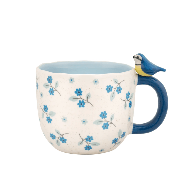Sass & Belle Sitting Blue Tit Floral Mug with bird on handle