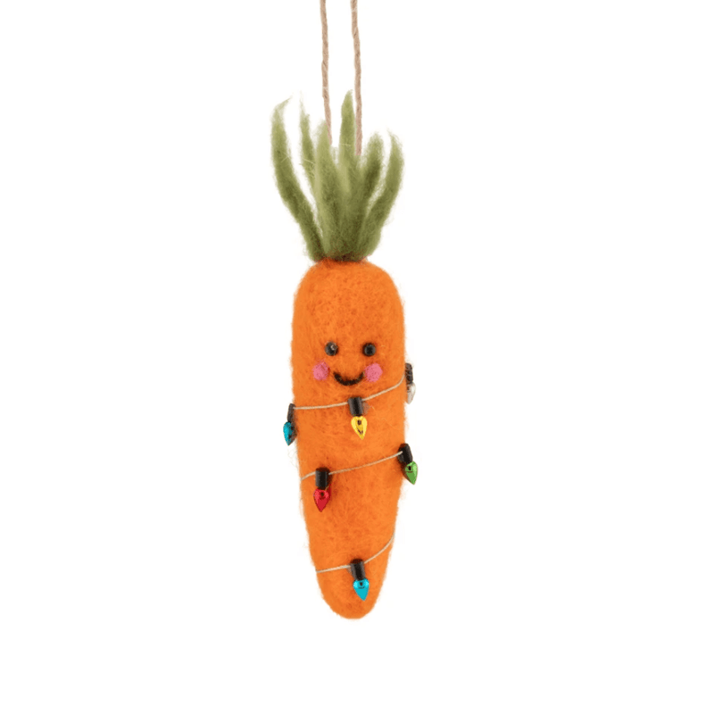 Orange Sass & Belle felt carrot Christmas decoration wrapped in colourful fairy-light details