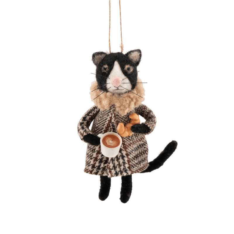 Sass & Belle cat with coffee and croissant felt Christmas decoration