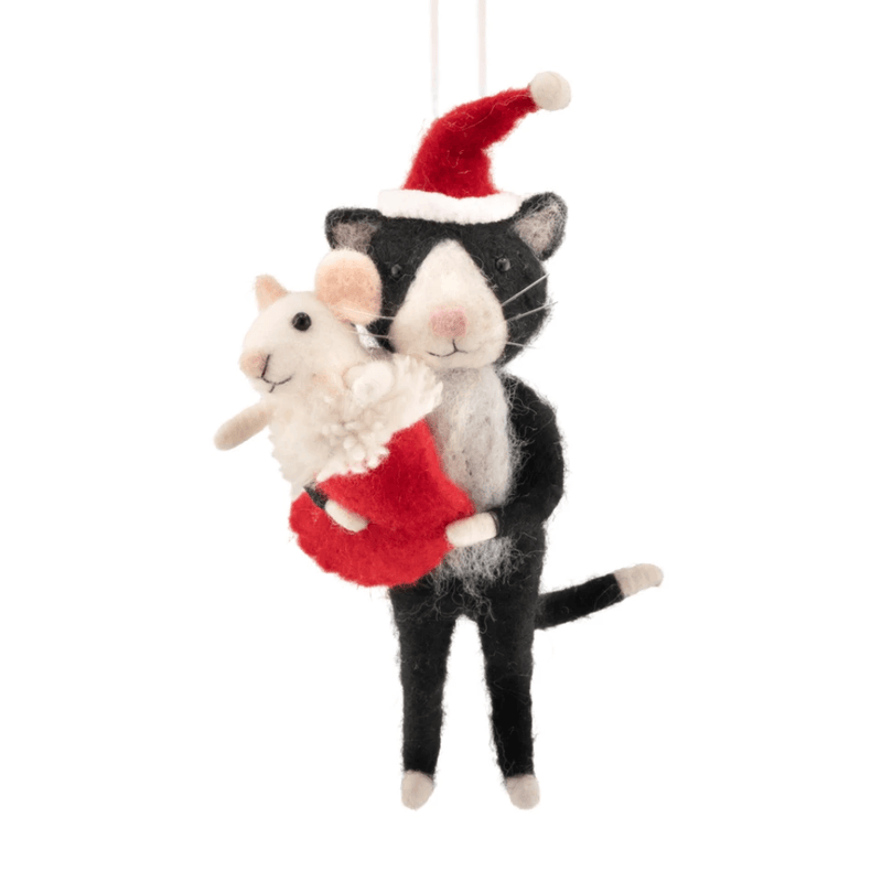 Sass & Belle black and white felt cat carrying a mouse in a red Christmas stocking