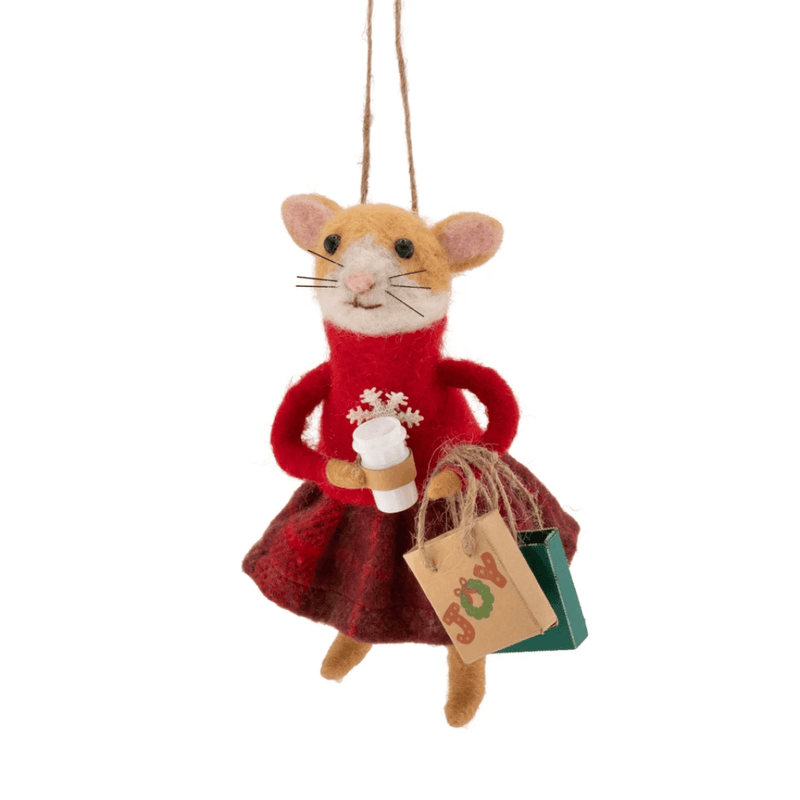 Sass & Belle Christmas shopping mouse felt decoration carrying coffee and shopping bags