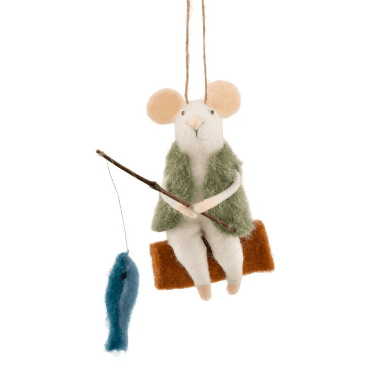 Sass & Belle fishing mouse felt Christmas decoration with rod and blue fish