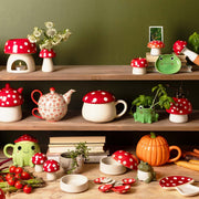 Shelf scene with Sass & Belle frog trinket dish and red mushroom ceramics, adding playful home décor charm.

