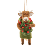 Sass & Belle Highland cow with wreath felt Christmas decoration