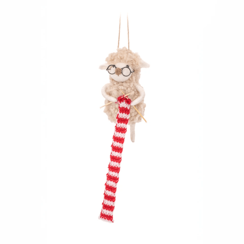Sass & Belle felt knitting sheep Christmas decoration with glasses and a red striped scarf