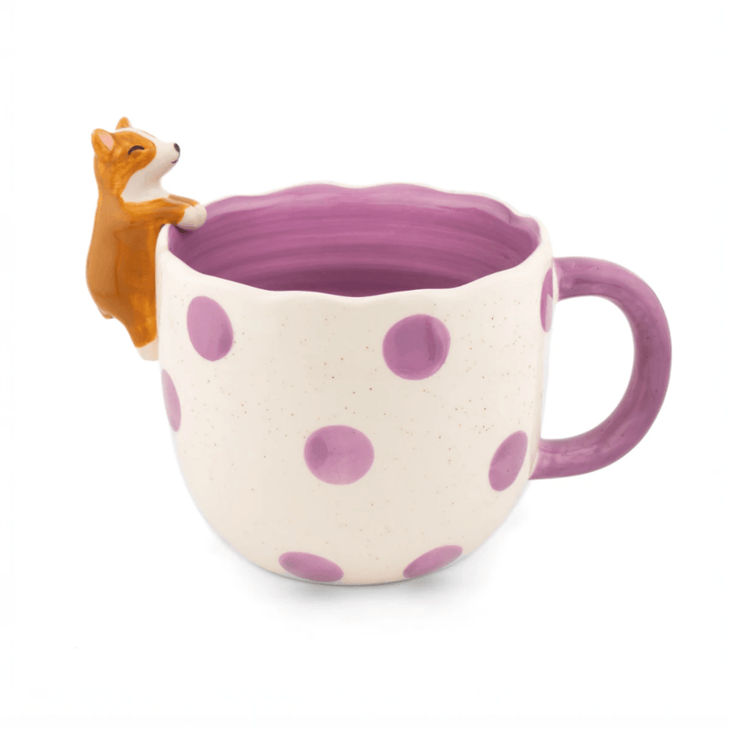 Sass & Belle Peeking Corgi Mug with purple polka dots and corgi on rim