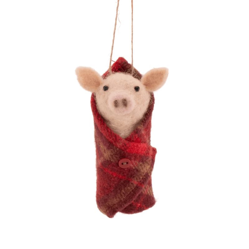 Sass & Belle pink felt pig wrapped in a red and brown checked blanket Christmas decoration