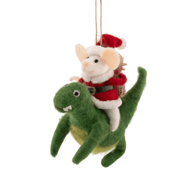 Sass & Belle Santa mouse riding a green dinosaur felt Christmas decoration