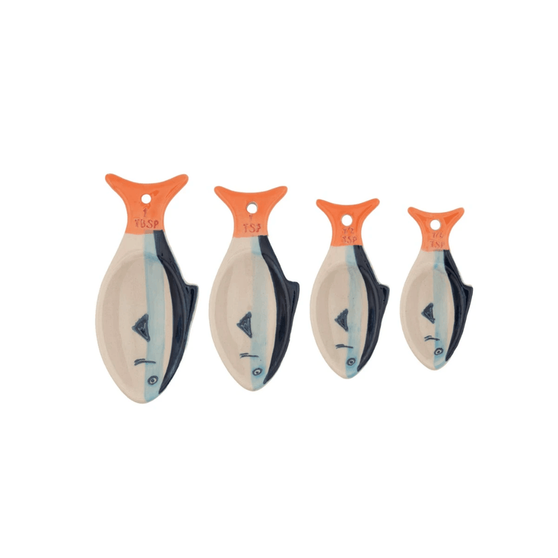 Four Sass & Belle sardine measuring spoons in tablespoon and teaspoon sizes