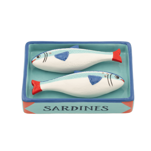 Sass & Belle sardine salt and pepper shakers in a blue ceramic tray