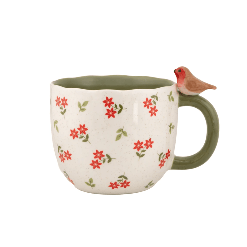 Sass & Belle Sitting Robin Floral Mug with bird on handle