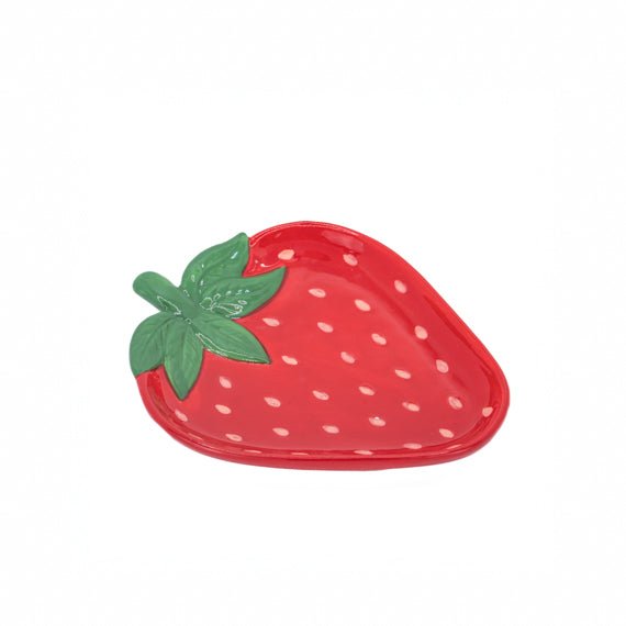 Glossy red strawberry-shaped dolomite trinket dish by Sass & Belle, sweet accent for jewellery and keepsakes.
