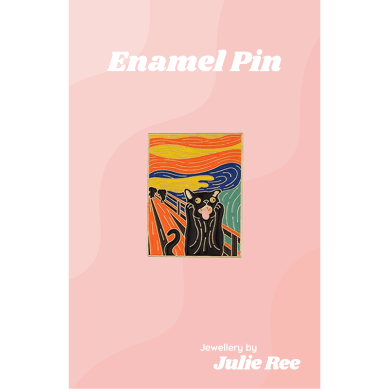 Colourful enamel pin of a screaming black cat in a parody of The Scream style artwork