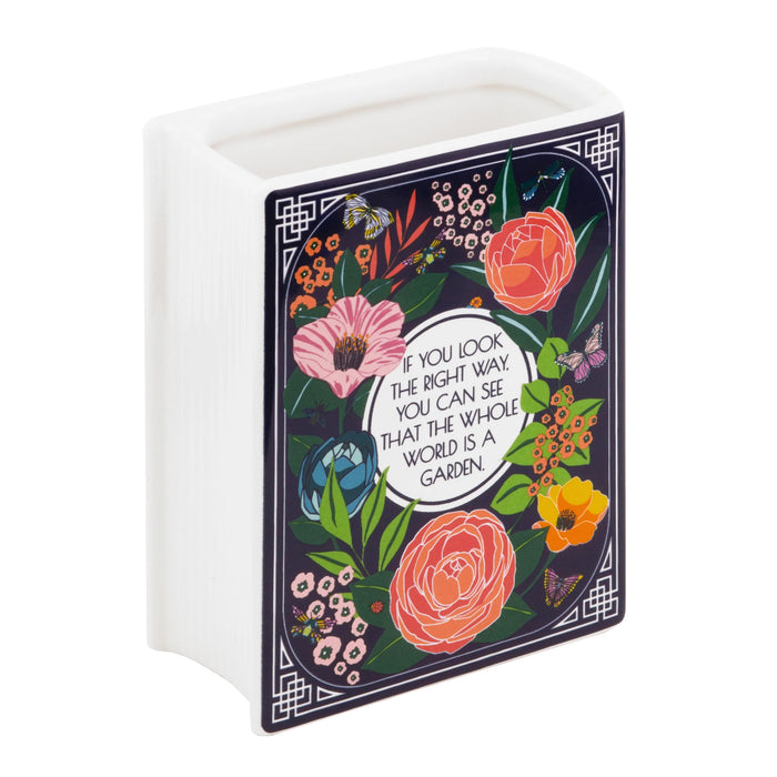 Back of Secret Garden ceramic book vase featuring floral artwork and quote.