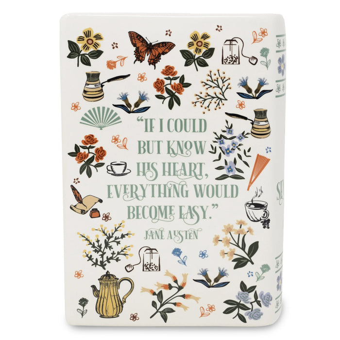 Back of the Sense and Sensibility vase showing the Austen line surrounded by small illustrations.