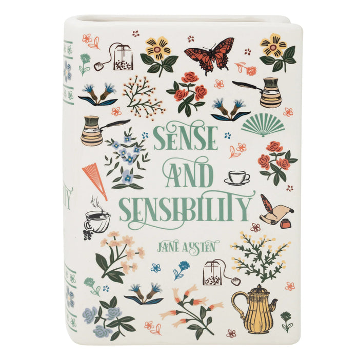 Close-up of the Sense and Sensibility cover artwork with flowers, butterflies, and teacup motifs.