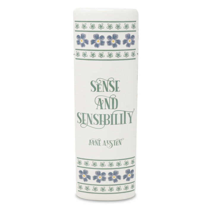 Spine view of the Sense and Sensibility ceramic book vase with floral bands and title.