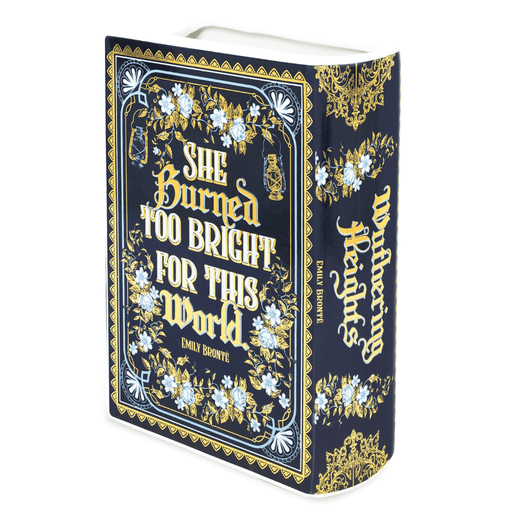 Wuthering Heights ceramic book vase shown at an angle with spine detail on a white background