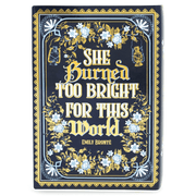 Front view of quote cover She Burned Too Bright For This World on the ceramic book vase