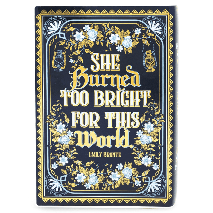 Front view of quote cover She Burned Too Bright For This World on the ceramic book vase