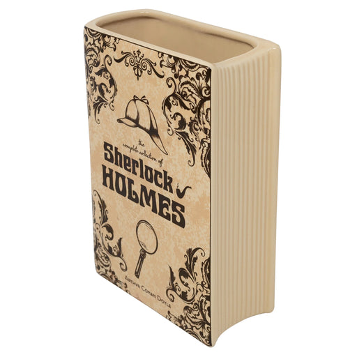 Angled top view showing wide opening and sculpted page detail of the ceramic book vase.