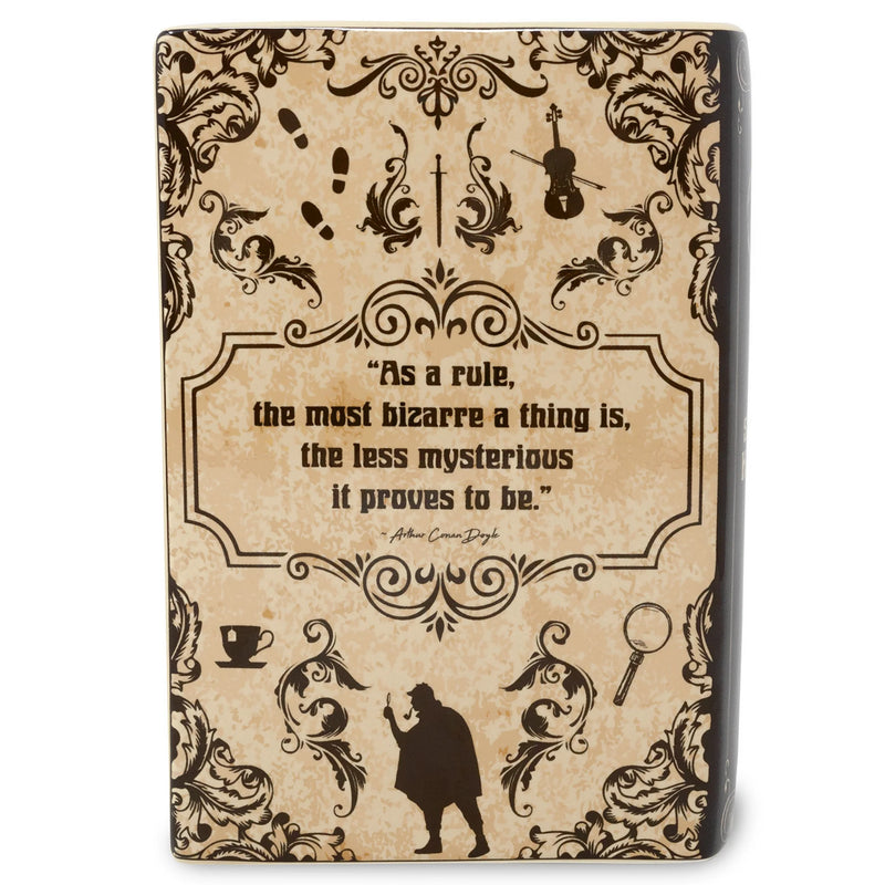 Back of the Sherlock Holmes vase with Arthur Conan Doyle line in a decorative frame.
