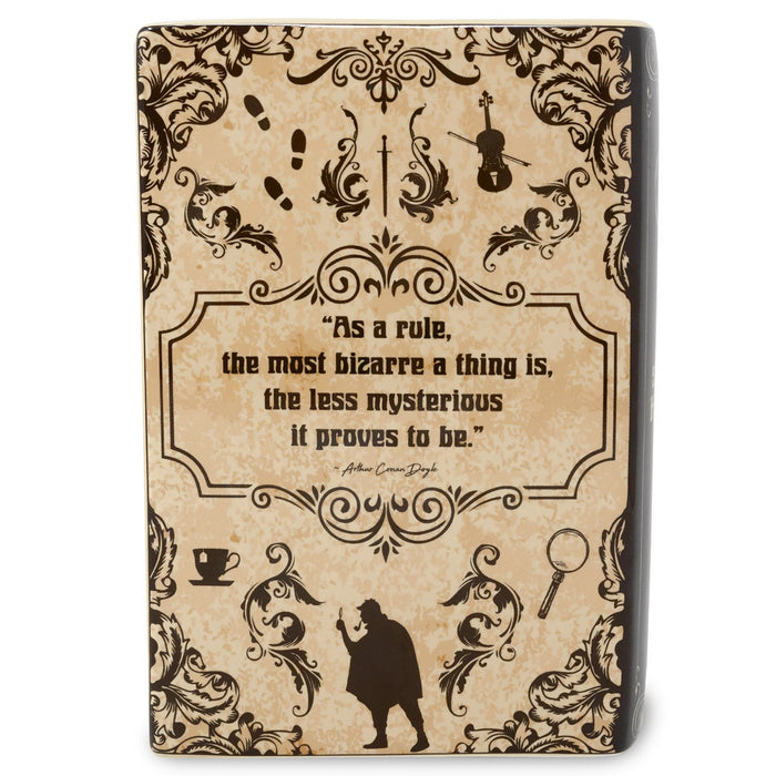 Back of the Sherlock Holmes vase with Arthur Conan Doyle line in a decorative frame.