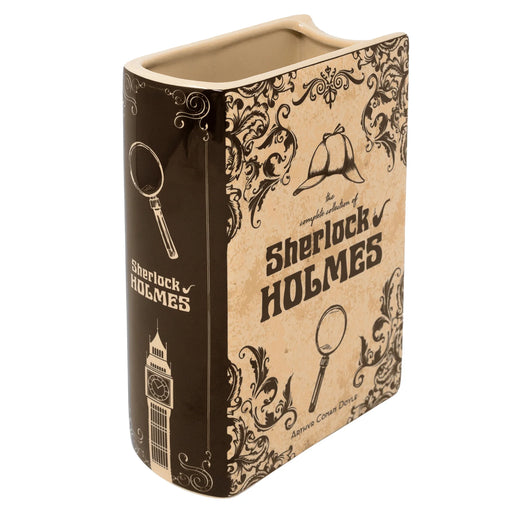 Angled front and spine view of Sherlock Holmes ceramic book vase with sepia cover art.