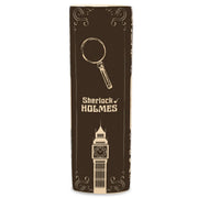 Spine of the Sherlock Holmes ceramic book vase showing magnifying glass and clock tower.