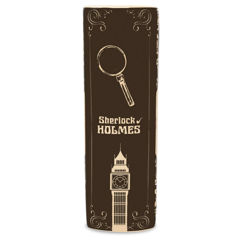 Spine of the Sherlock Holmes ceramic book vase showing magnifying glass and clock tower.