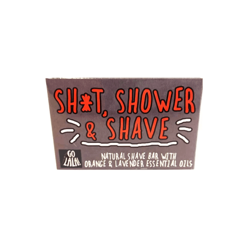 Front of Sh*t, Shower & Shave natural shave bar packaging with orange and lavender essential oils text