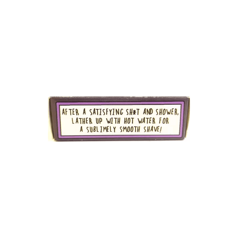 Side of Sh*t, Shower & Shave shave bar packaging with message about lathering with hot water for a smooth shave